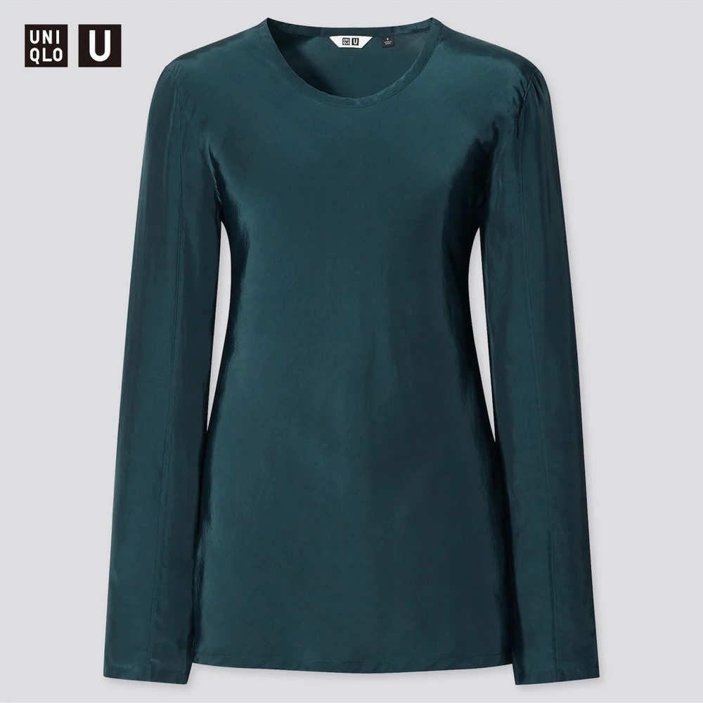 Uniqlo U Shiny Rayon Long Sleeve Blouse Emerald Green